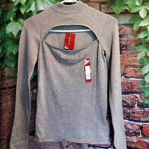 Long Sleeve Mock Cut-Out Jeweled Logo Sweater